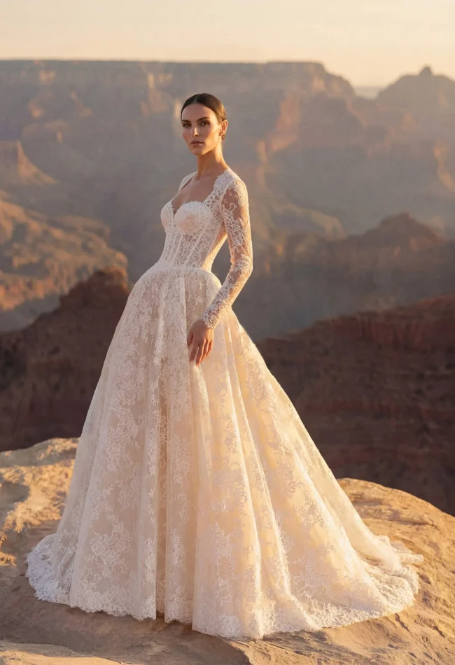 Abito da sposa principessa in pizzo con scollo a cuore Austra di Pronovias da Sogno di Sposa Firenze